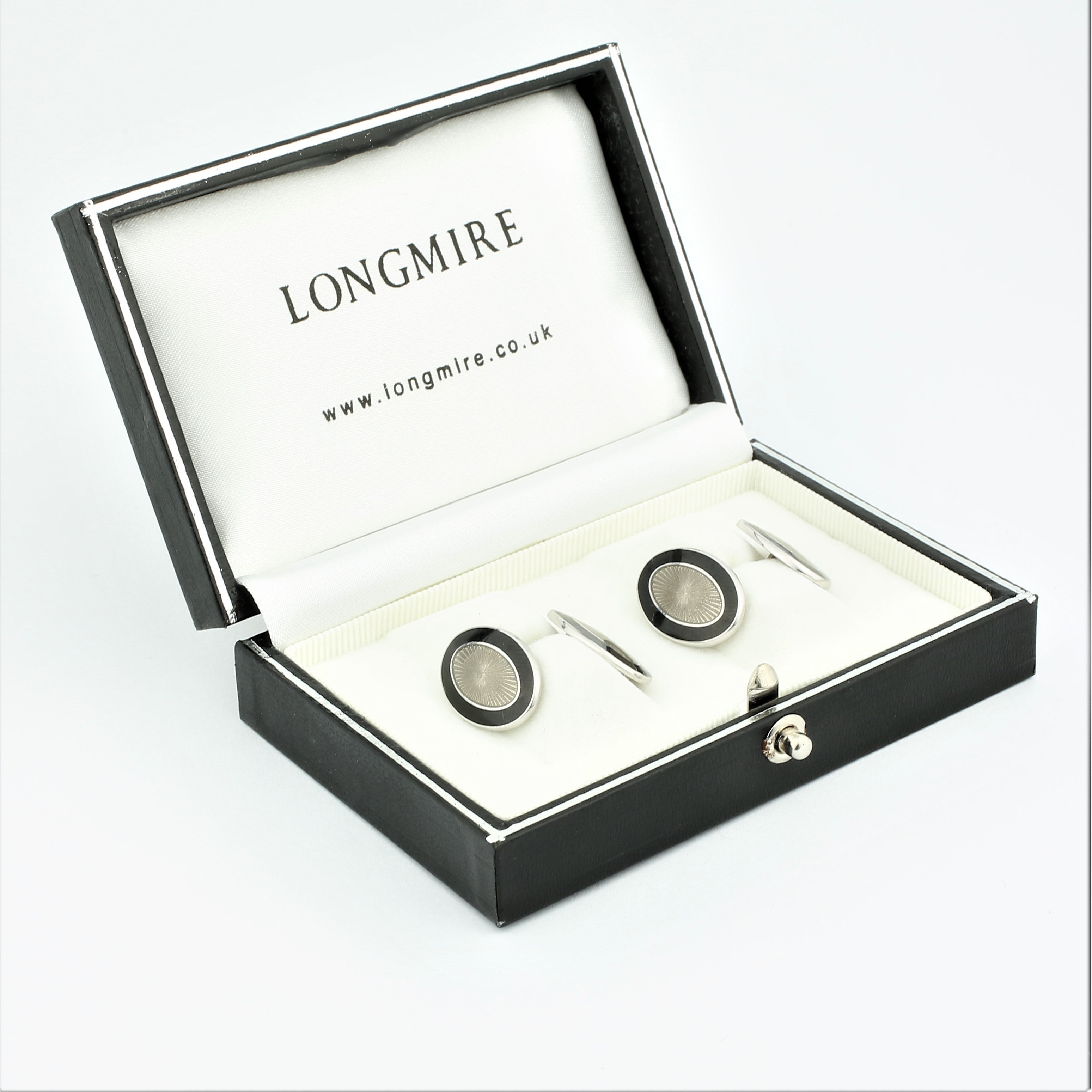 DOUBLE OVAL BLACK/TRANSPARENT ENAMEL 18ct WHITE GOLD CUFFLINKS - boxed