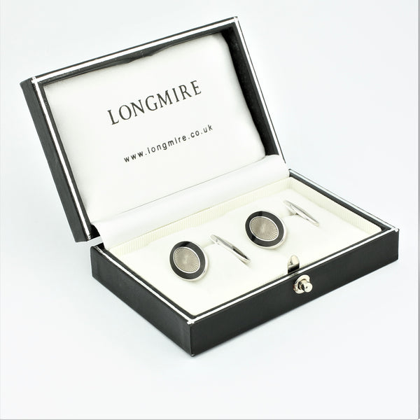 DOUBLE OVAL BLACK/TRANSPARENT ENAMEL 18ct WHITE GOLD CUFFLINKS - boxed