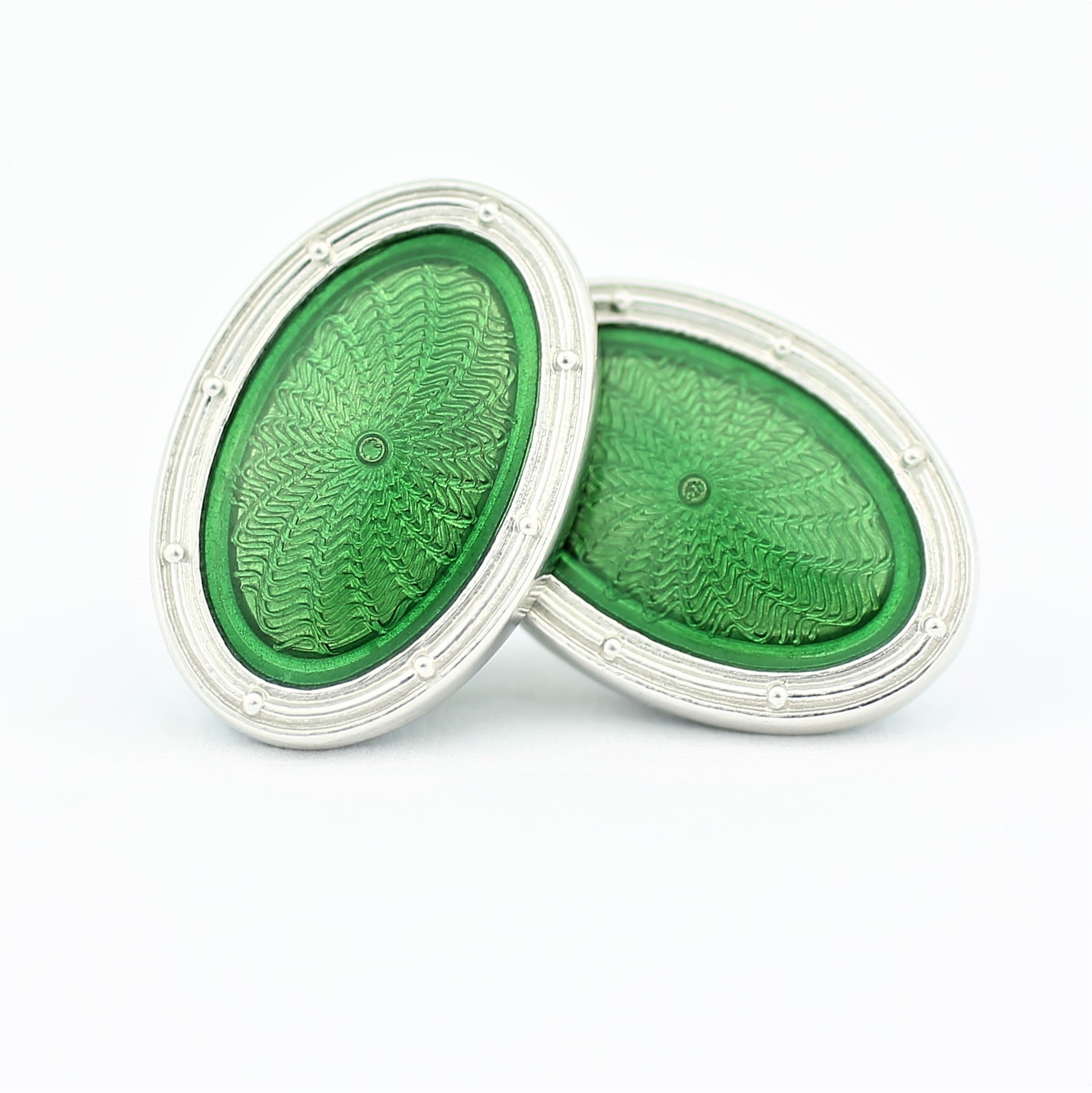 SPIRAL PALE GREEN ENAMEL 18ct WHITE GOLD CUFFLINKS - front 
