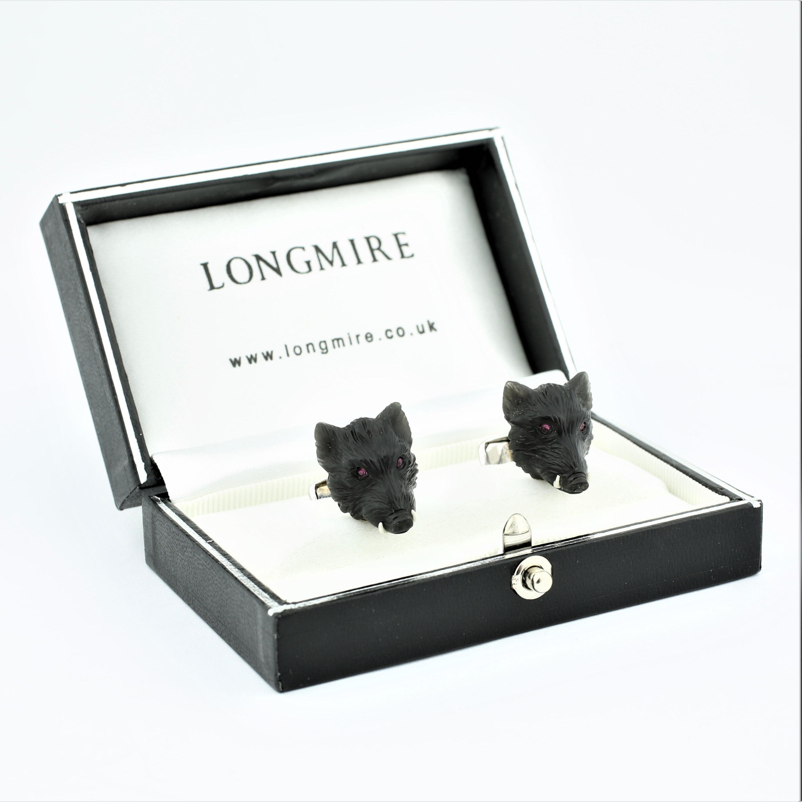 Boar's head cufflinks in obsidian and 18k white gold - boxed