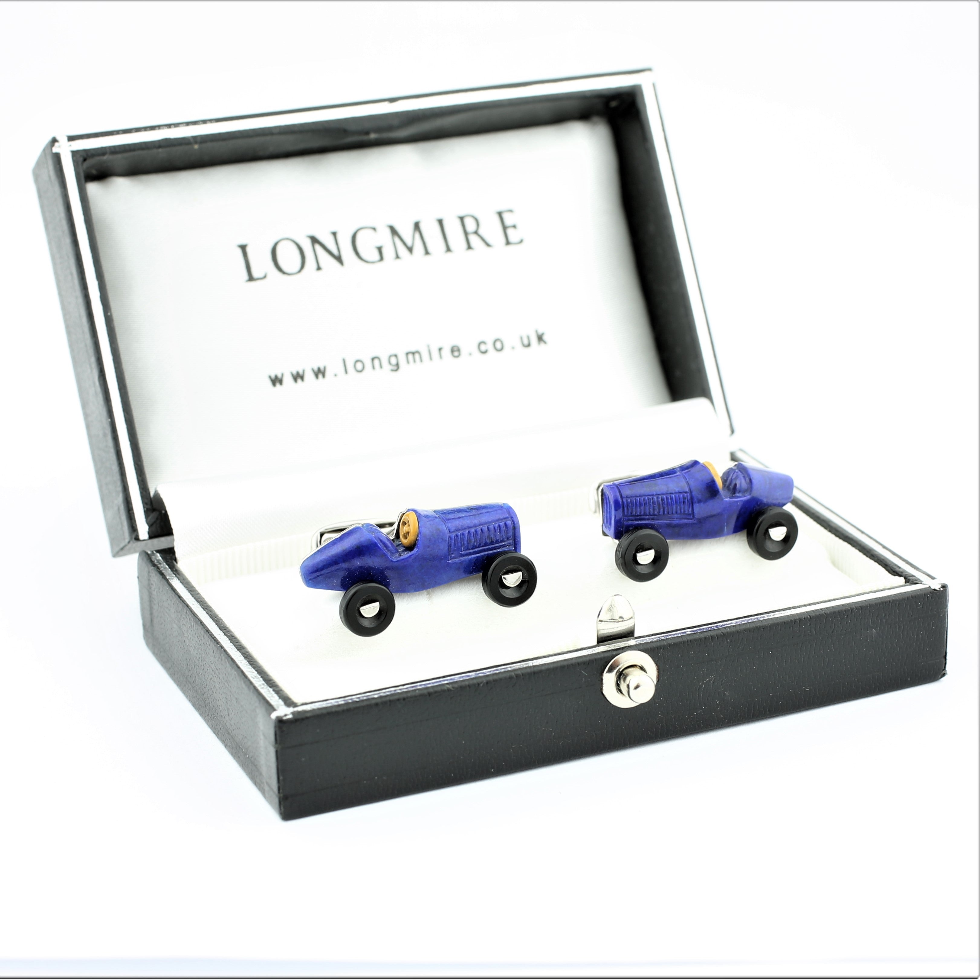 Vintage car cufflinks in lapis onyx and 18k white gold - boxed