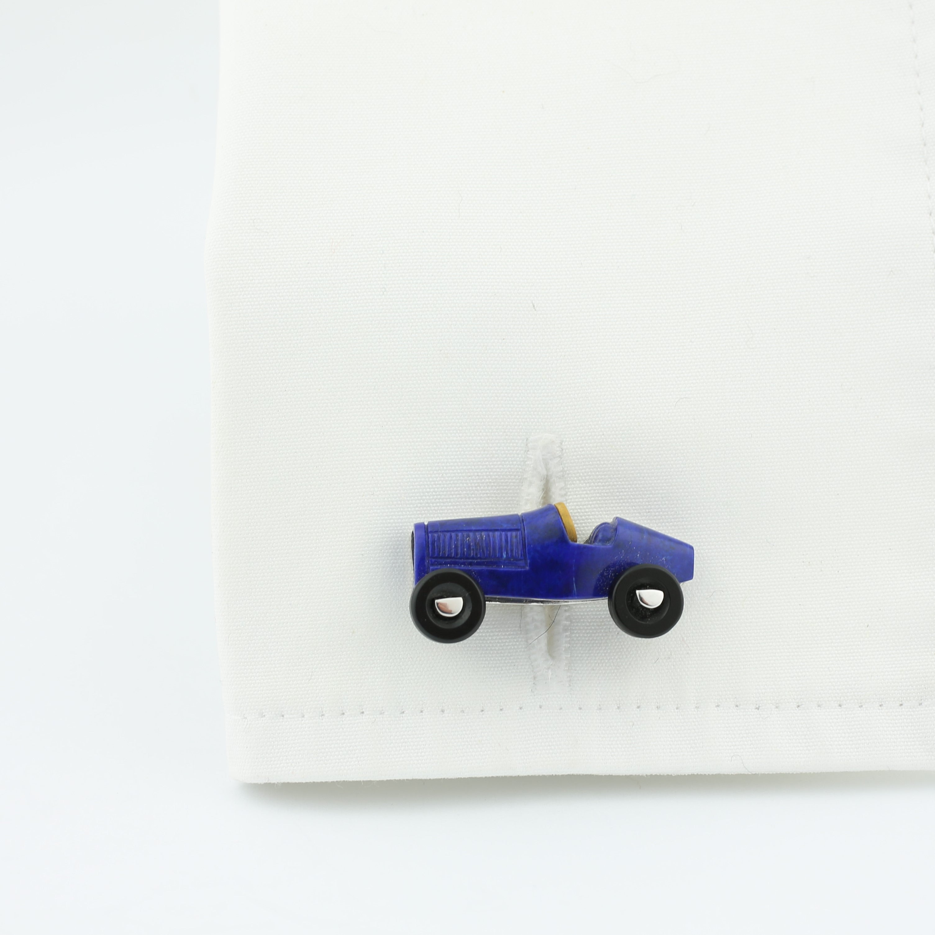 Vintage car cufflinks in lapis onyx and 18k white gold in a cuff