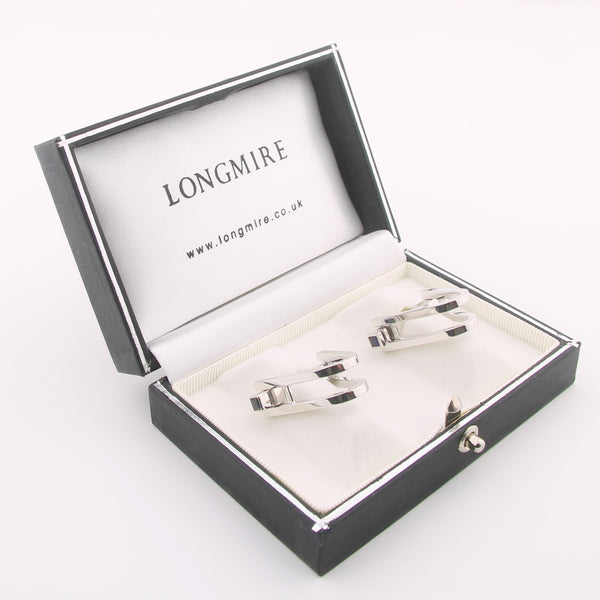 Double Stirrup cufflinks with sapphire terminal in 18k white gold boxed