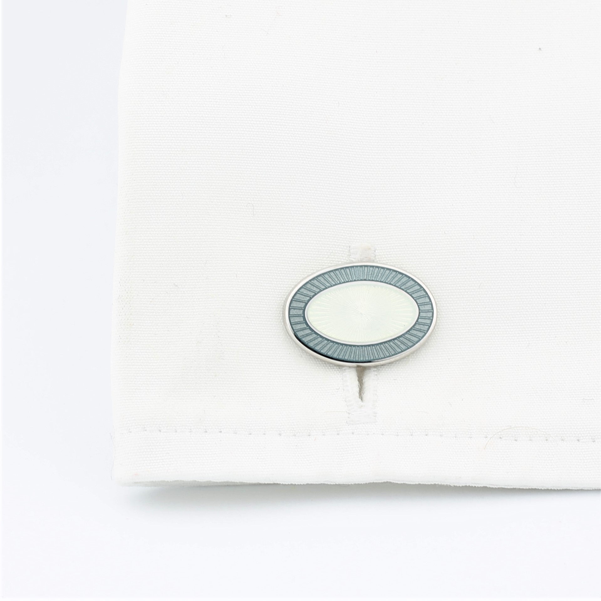 Double oval grey and white cufflinks in enamel on sterling silver in a cuff