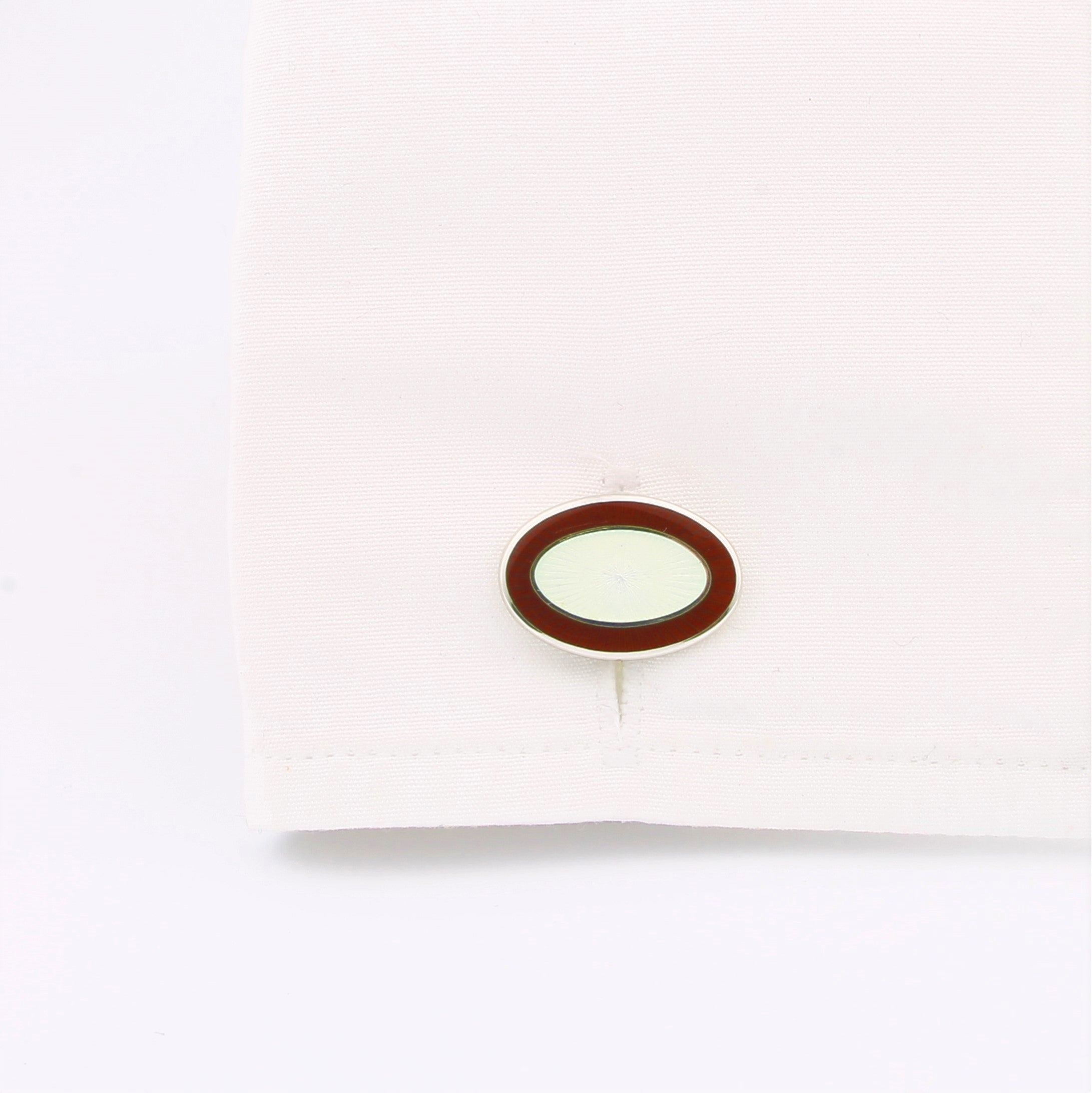 Double oval cufflinks in red and white enamel on silver - in a cuff