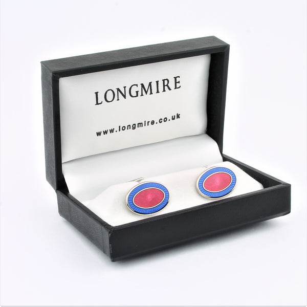 Double oval pale blue / pink enamel on T-bar - boxed