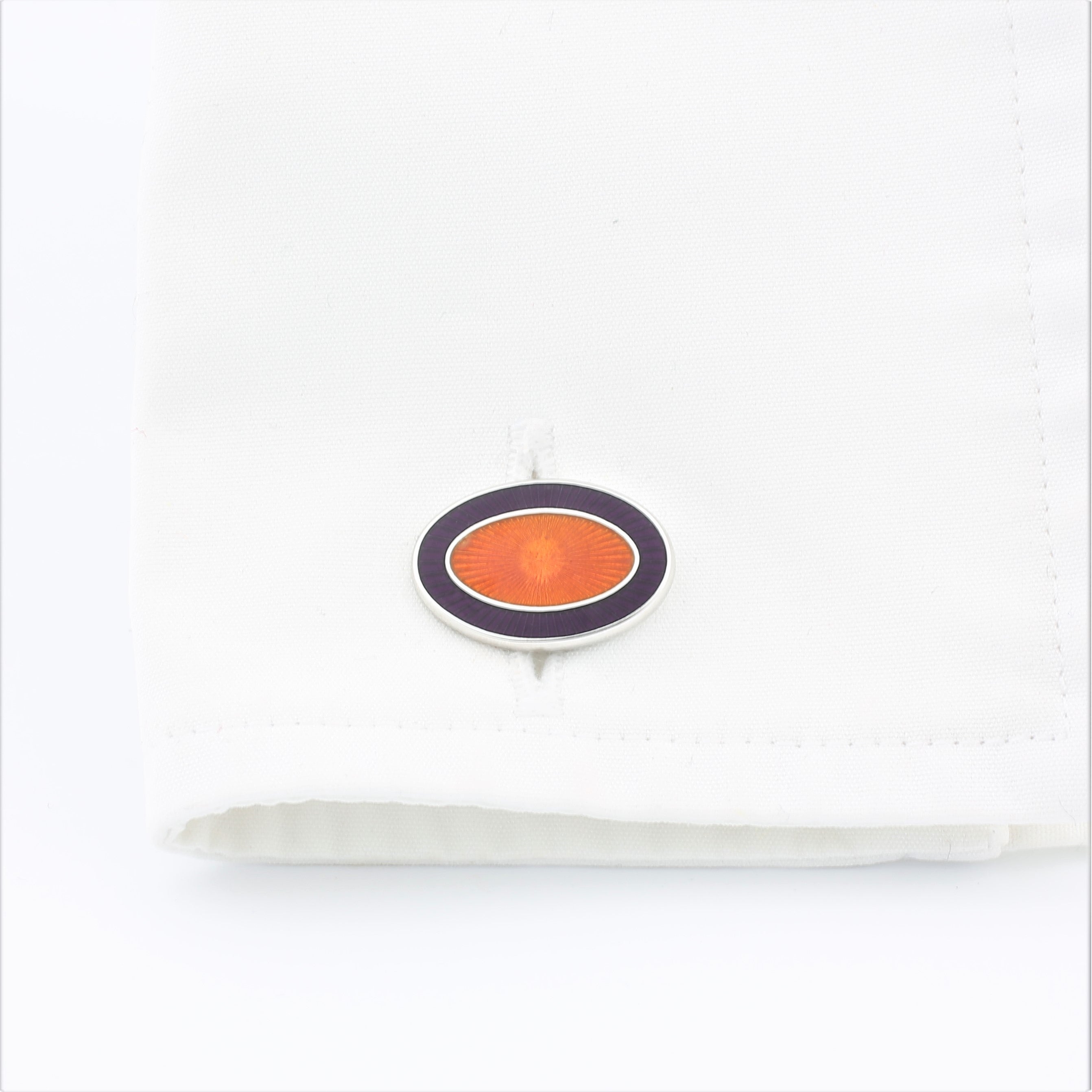 DOUBLE OVAL AUBERGINE/ORANGE ENAMEL CUFFLINKS - cuff