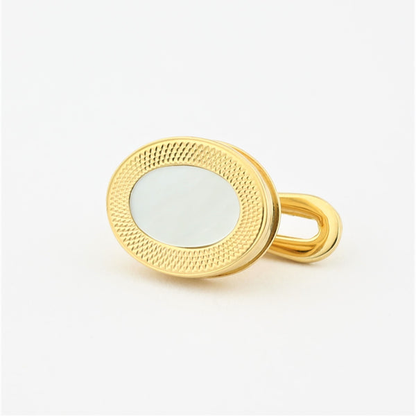 MOTHER OF PEARL STUDS WITH REEDED EDGE 18ct YELLOW GOLD