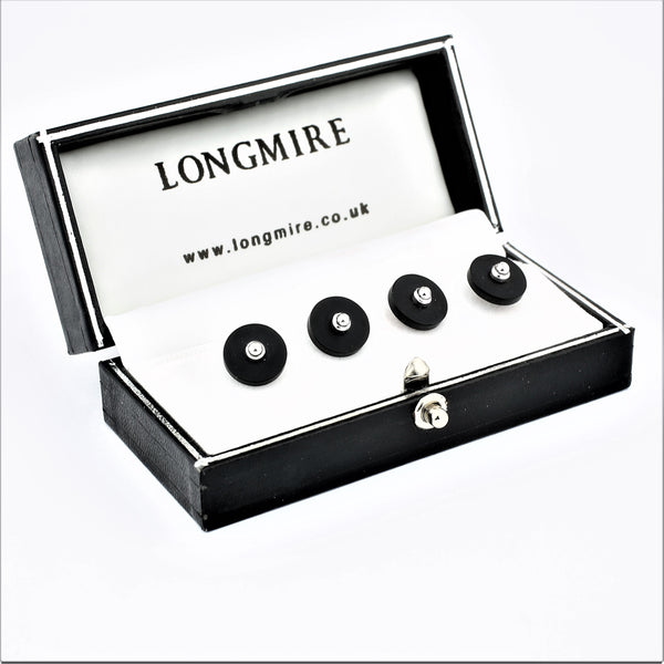 Onyx disc studs in 18k white gold boxed