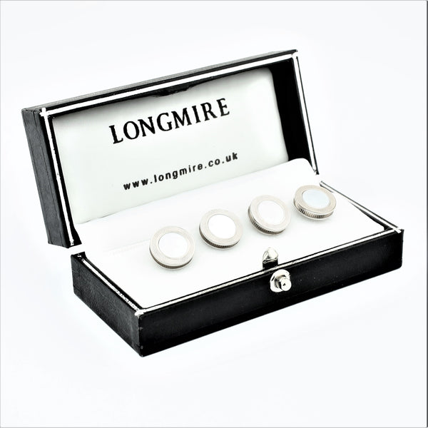 Mother of pearl studs - reeded edge - circular 18k white gold - boxed