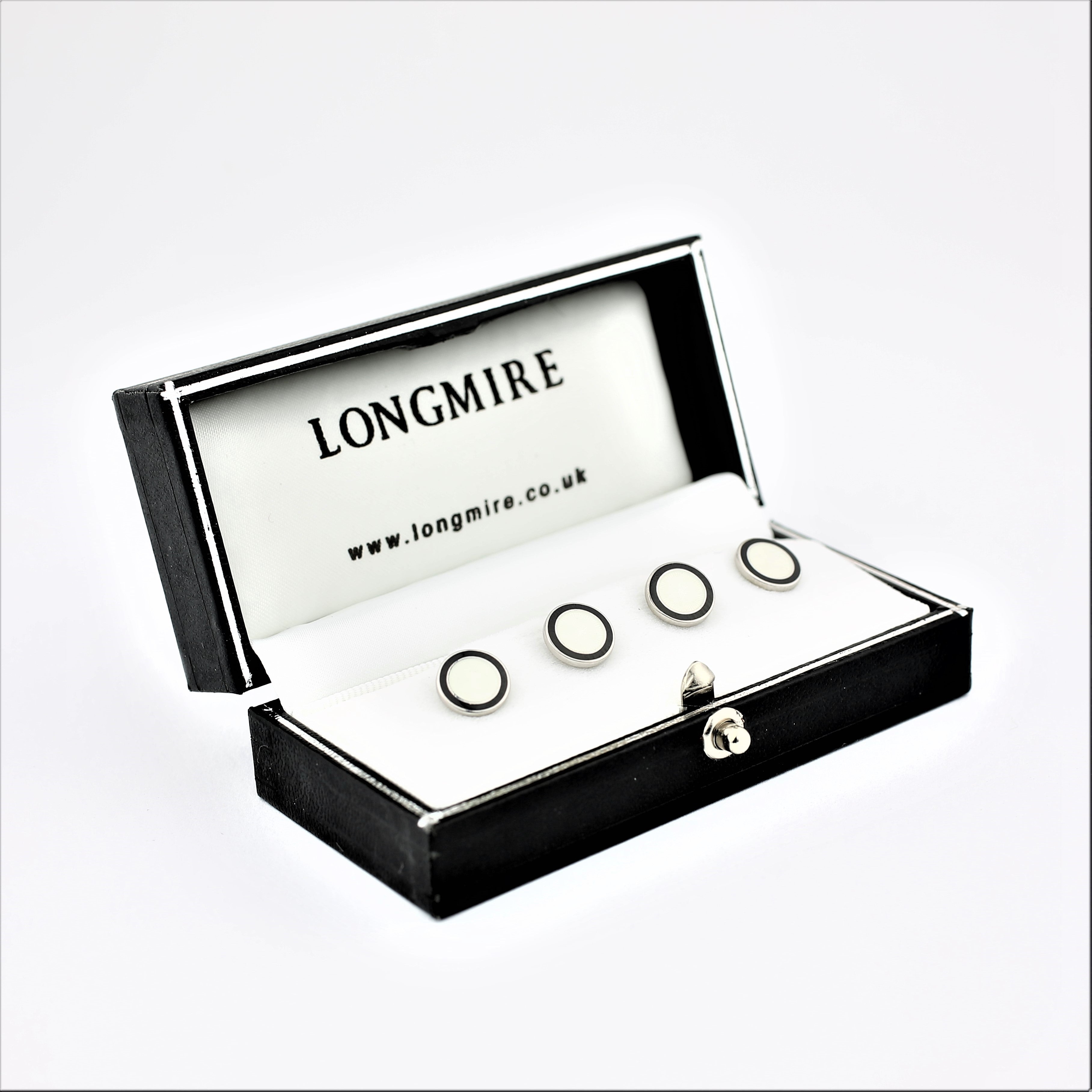 Double circle black/white enamel shirt studs - boxed