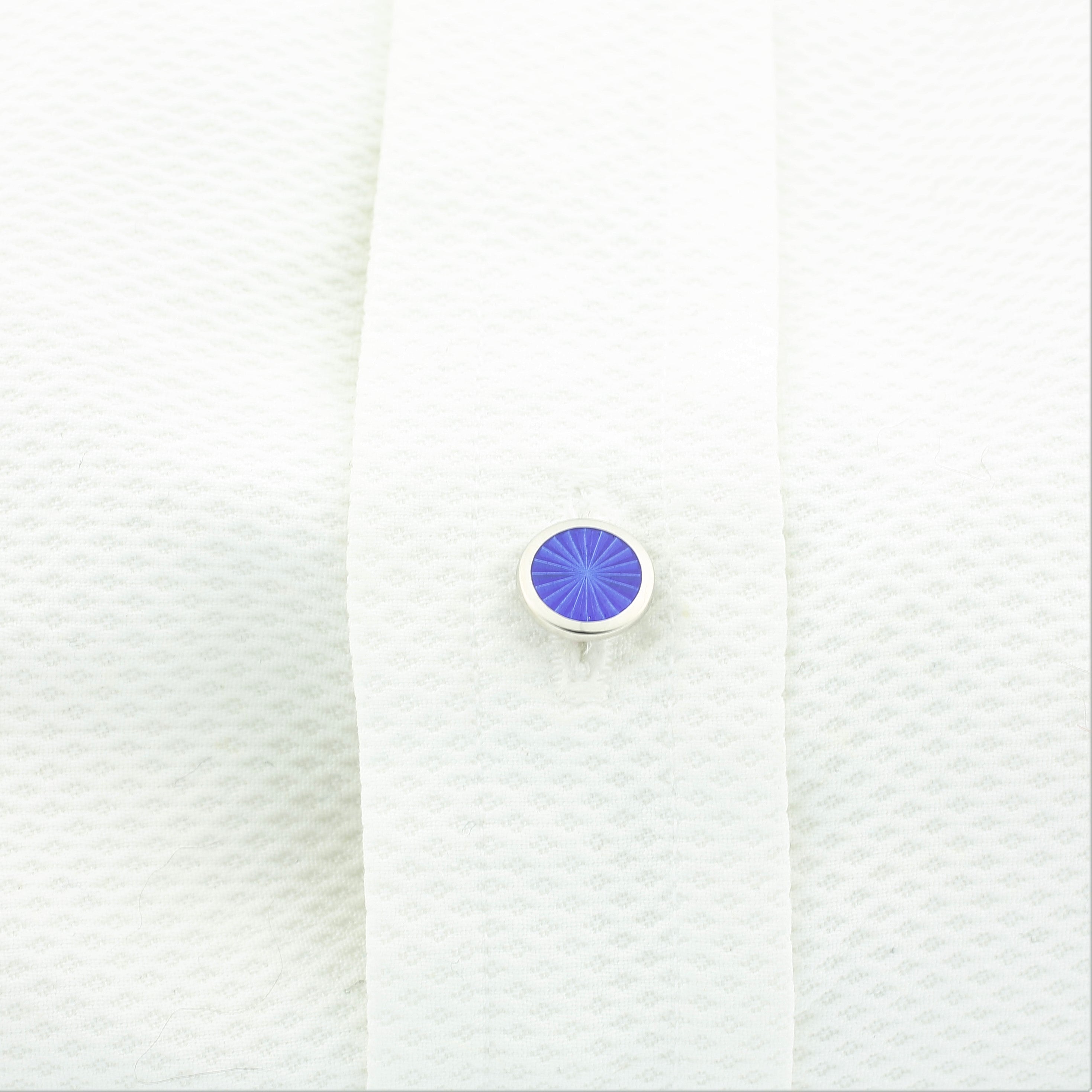 STARBURST BLUE ENAMEL SHIRT STUDS - on shirt 