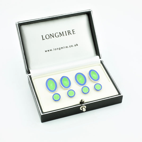 DOUBLE OVAL DRESS SET PALE BLUE/GREEN ENAMEL - boxed