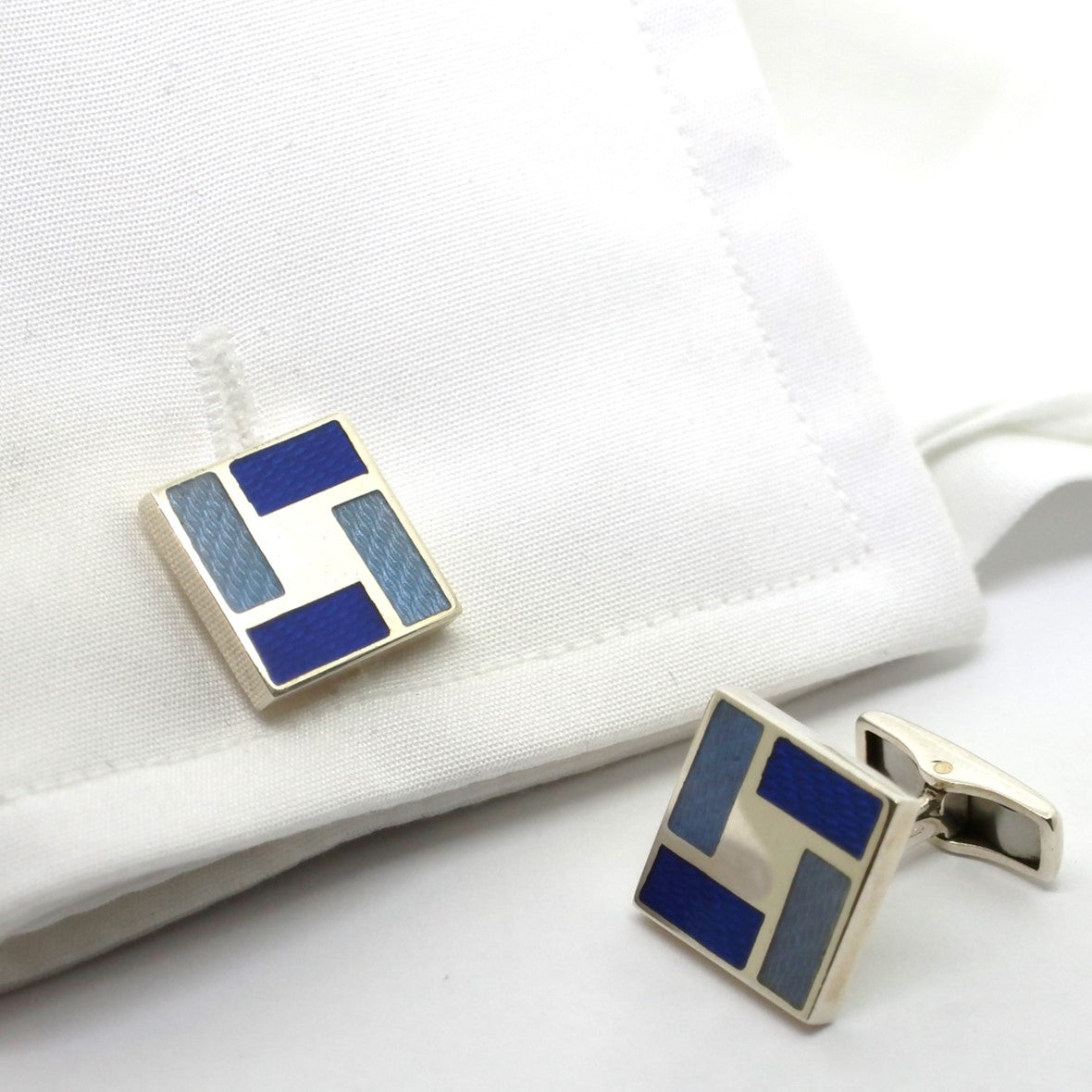 silver blue enamel cufflinks in cuff