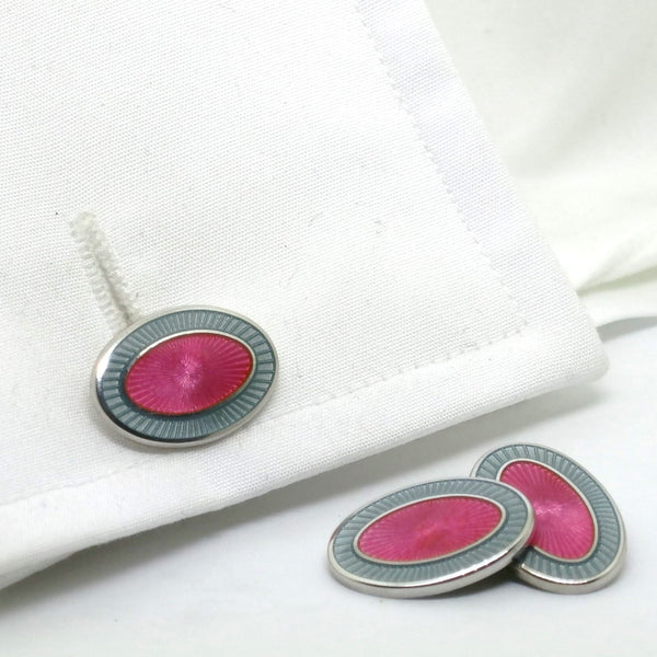 DOUBLE OVAL GREY/PINK ENAMEL CUFFLINKS - cuff